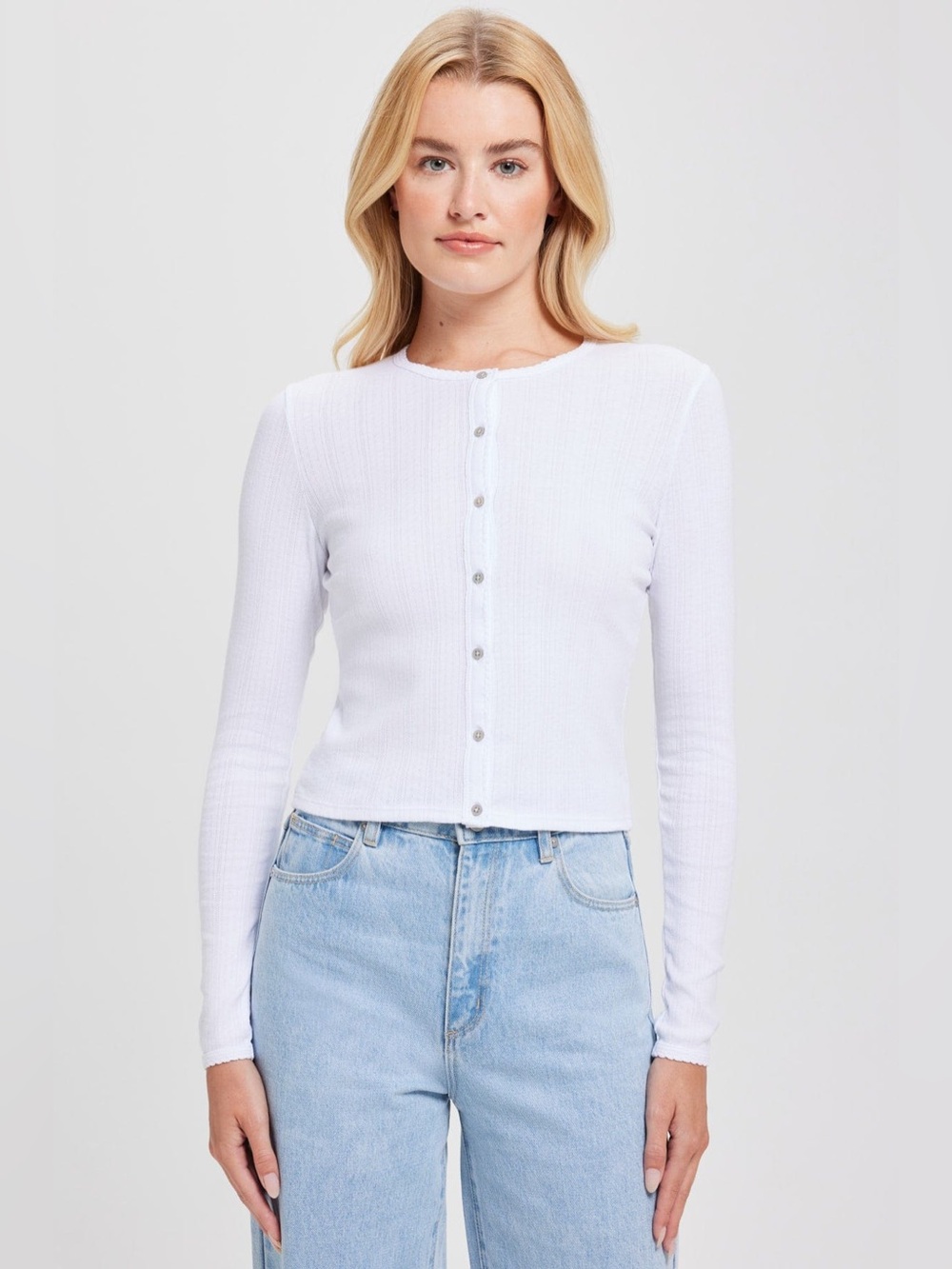 Goldie White Pointelle Crop Cardigan